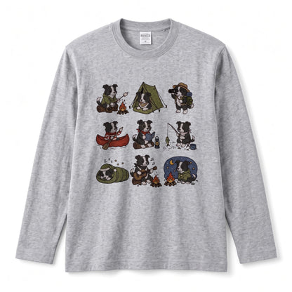 BORDER COLLIE CAMP | 手描き風 ボーダーコリー キャンプギア かわいい グラフィック 長袖Tシャツ【犬雑貨・秋キャンプ・ルームウェア・ギフトに最適】