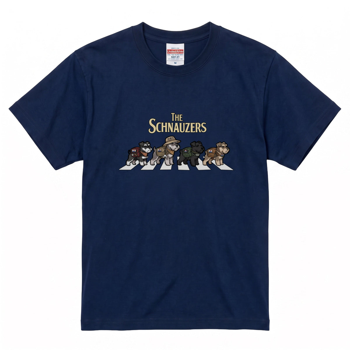 THE SCHNAUZERS 横断歩道 キャンプ ゆるかわ パロディTシャツ 【犬好き・愛犬家・アウトドア・ギフトに最適】
