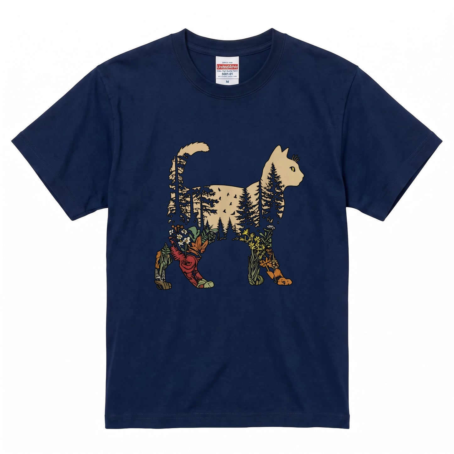 猫と森の植物 Tシャツ ｜ 猫好き・ボタニカル・自然・アウトドア・おしゃれに人気