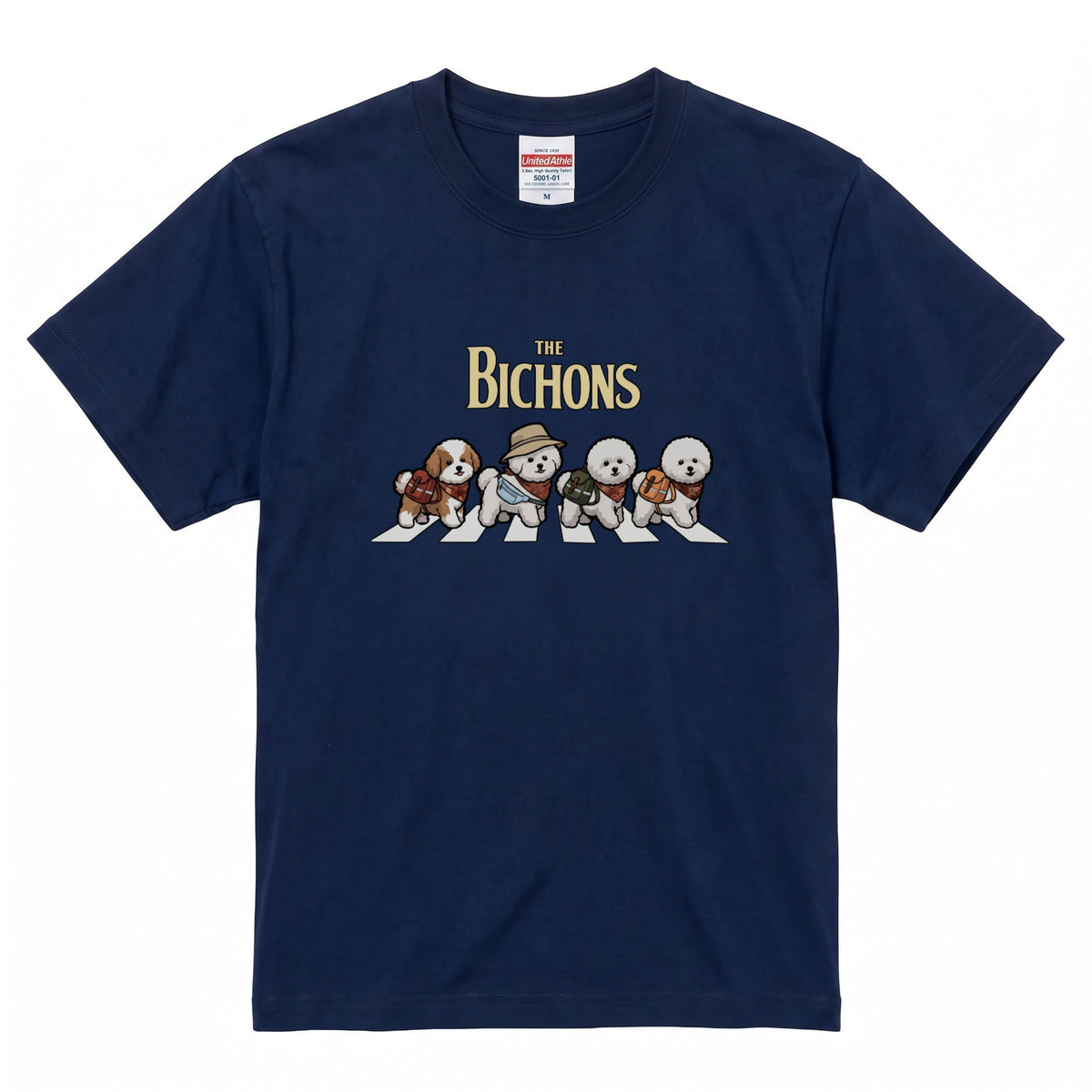 THE BICHONS 横断歩道 キャンプ ゆるかわ パロディTシャツ 【犬好き・愛犬家・アウトドア・ギフトに最適】