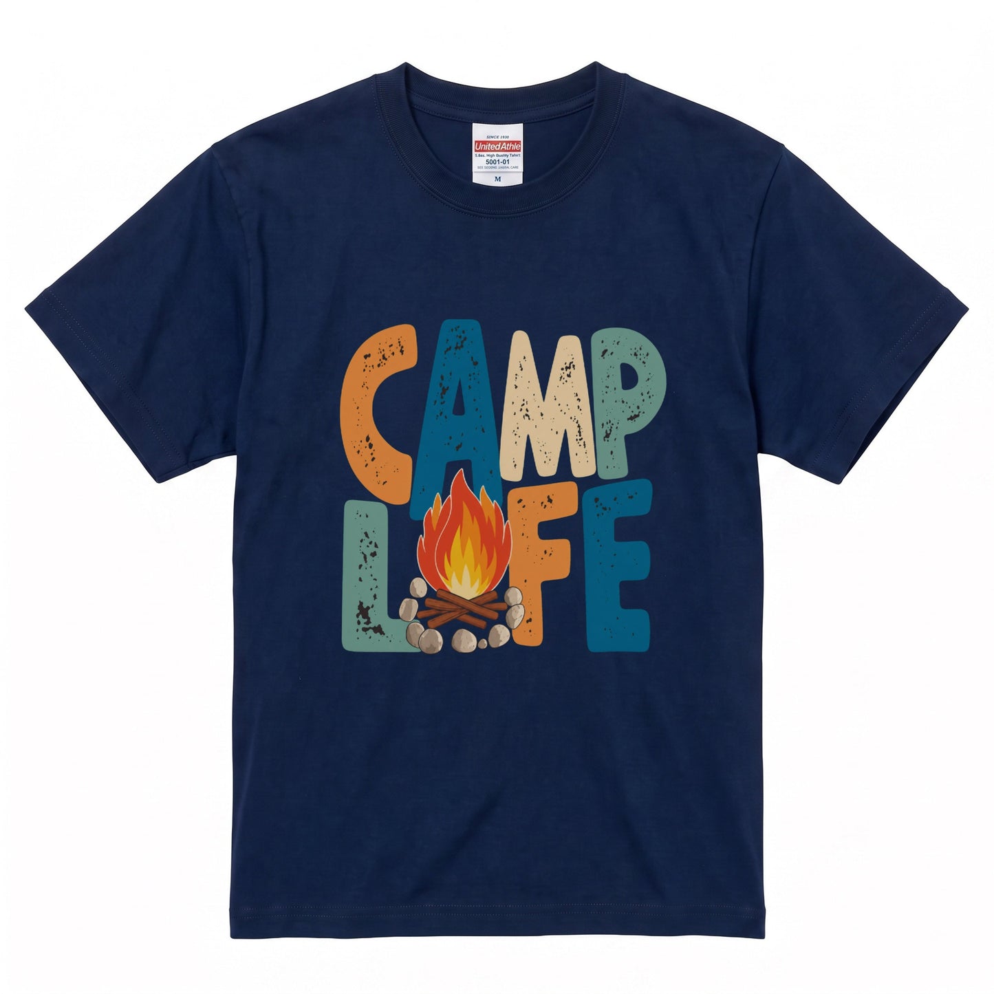 レトロ 「CAMP LIFE」 キャンプ Tシャツ - ヴィンテージ風 70年代 焚き火 グラフィックTシャツ アウトドア 服
