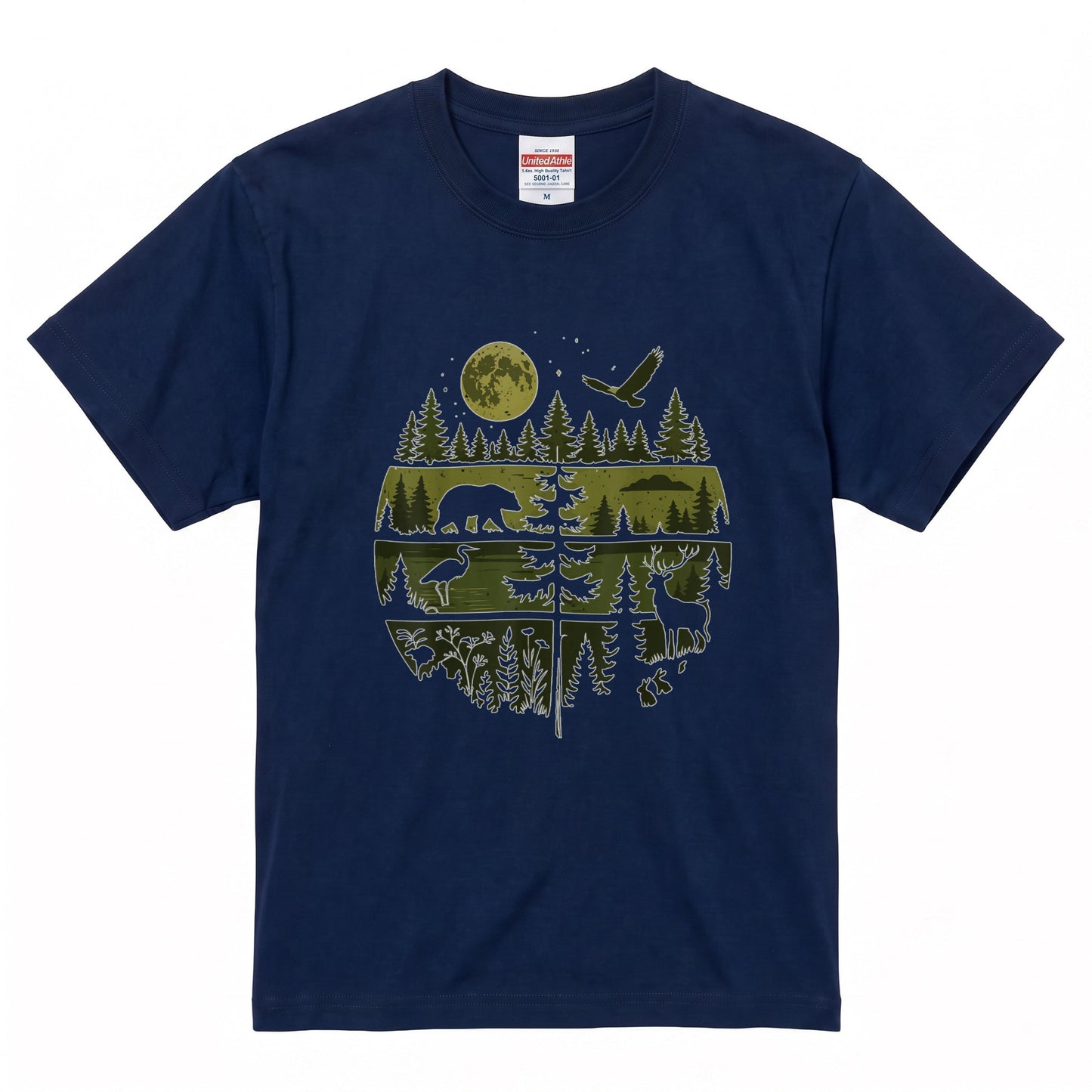 【Wildlife Forest Animals】月夜の森と野生動物 アート層グラフィック 白Tシャツ | CAMPMODE