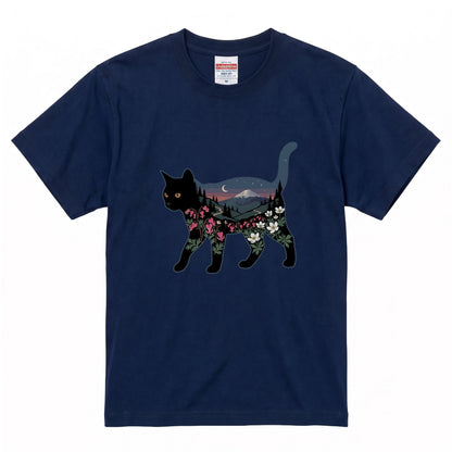 富士山と花咲く夜空 黒猫Tシャツ