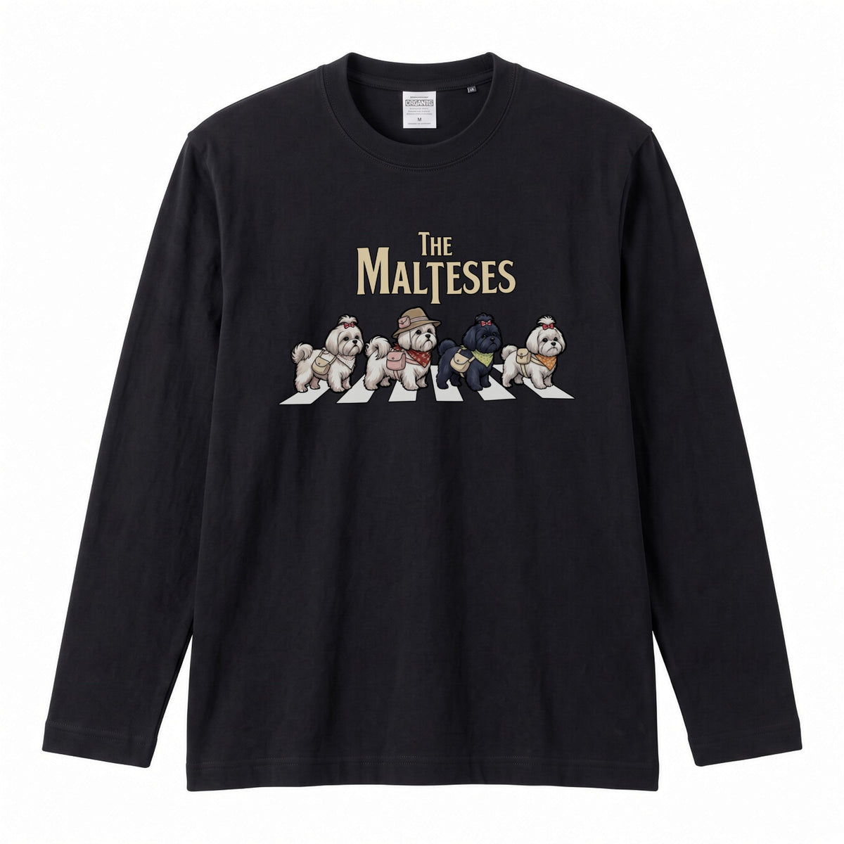 THE MALTESES マルチーズ散歩デザイン ブラック長袖Tシャツ
