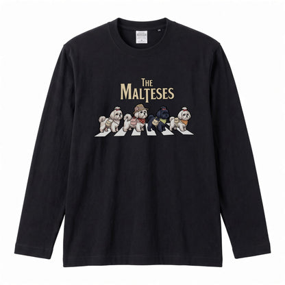 THE MALTESES マルチーズ散歩デザイン ブラック長袖Tシャツ