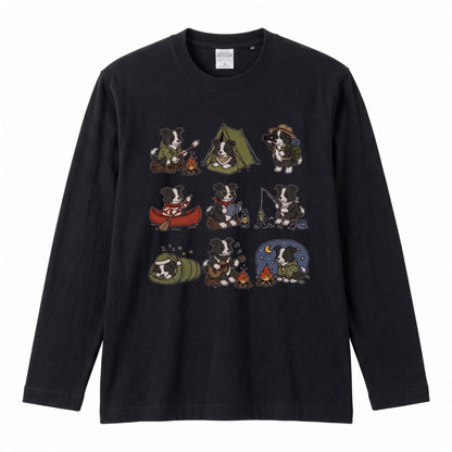 BORDER COLLIE CAMP | 手描き風 ボーダーコリー キャンプギア かわいい グラフィック 長袖Tシャツ【犬雑貨・秋キャンプ・ルームウェア・ギフトに最適】