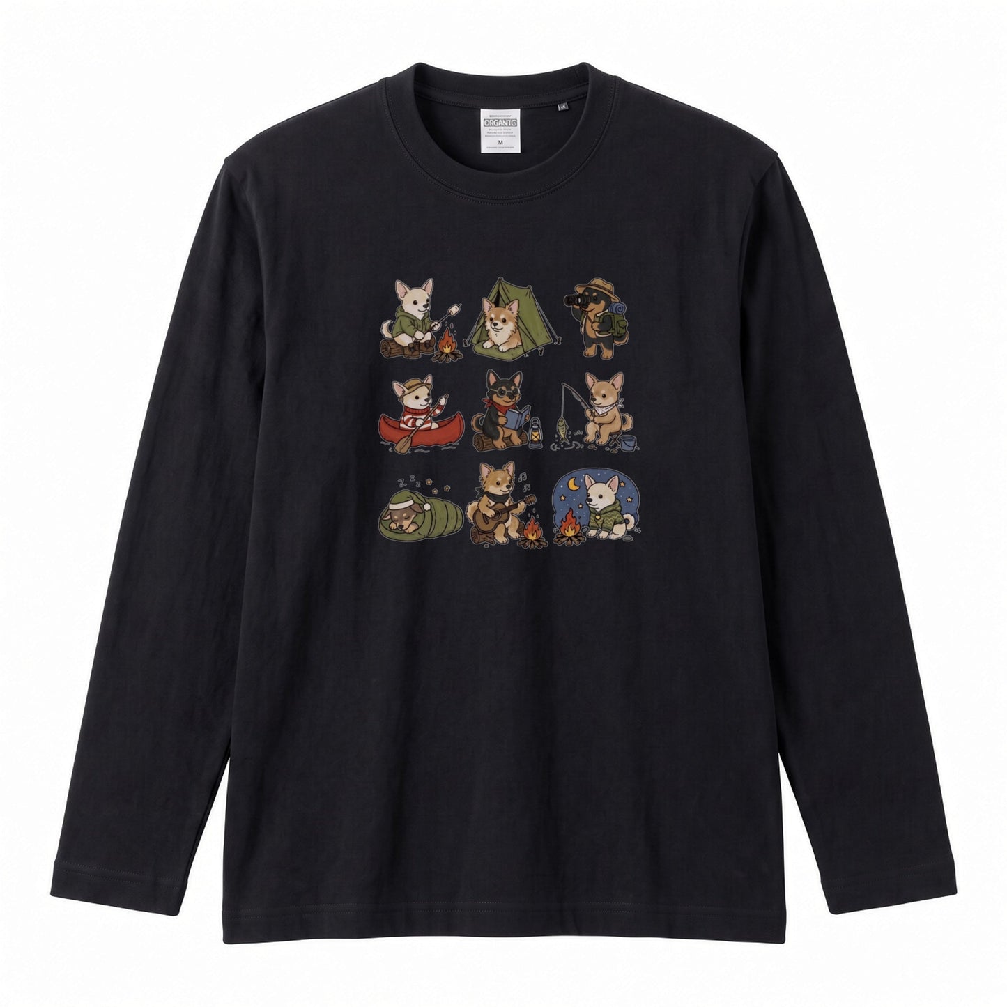 CHIHUAHUA CAMP | 手描き風 チワワ キャンプギア かわいい グラフィック 長袖Tシャツ【犬雑貨・秋キャンプ・ルームウェア・ギフトに最適】