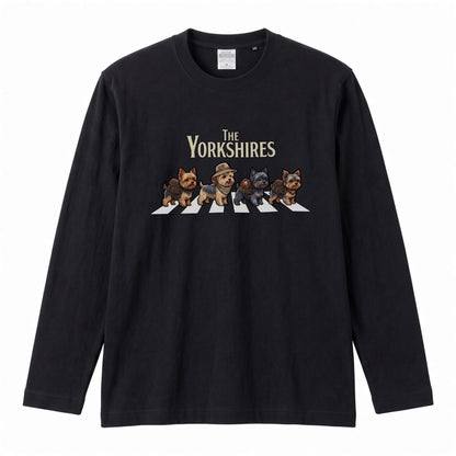 THE YORKSHIRES ヨークシャーテリア散歩デザイン ブラック長袖Tシャツ