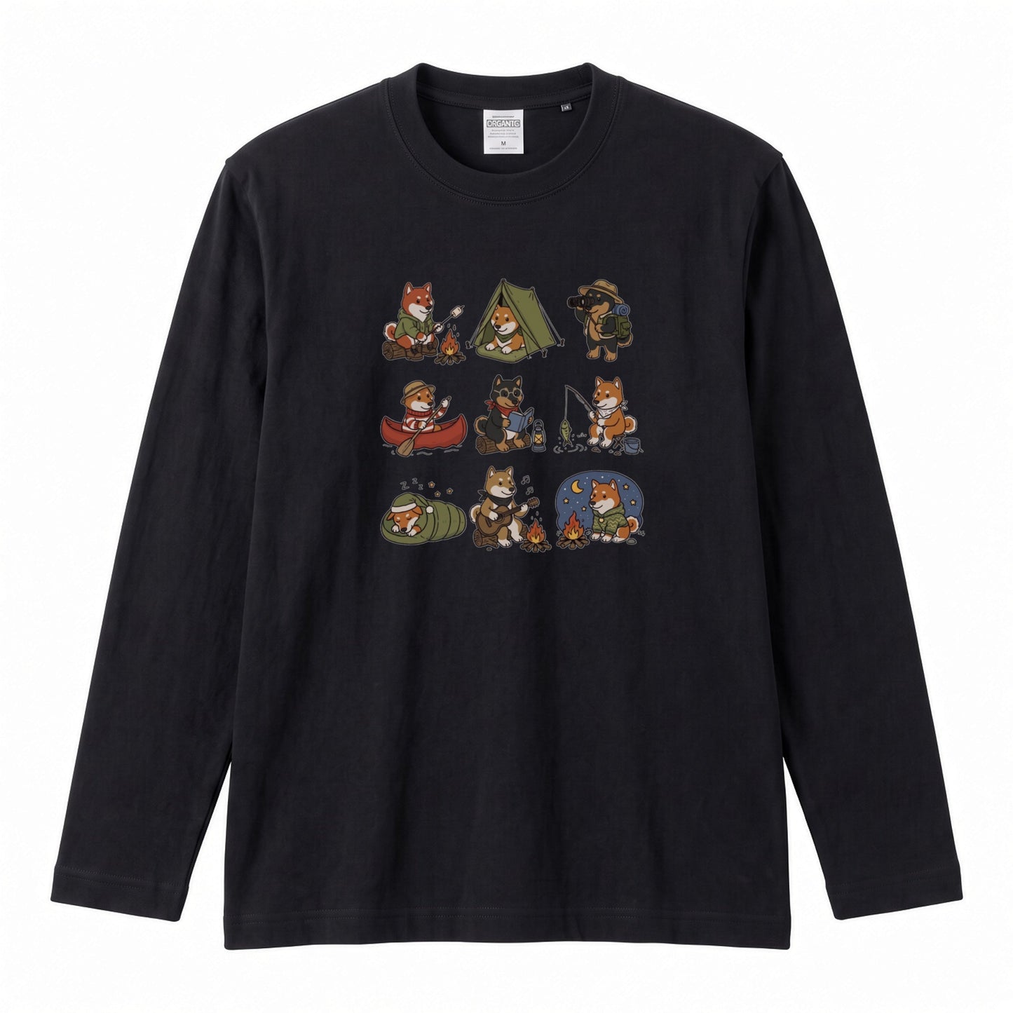 SHIBA CAMP | 手描き風 柴犬 キャンプギア かわいい グラフィック 長袖Tシャツ【和犬雑貨・秋キャンプ・アウトドア・ギフトに最適】