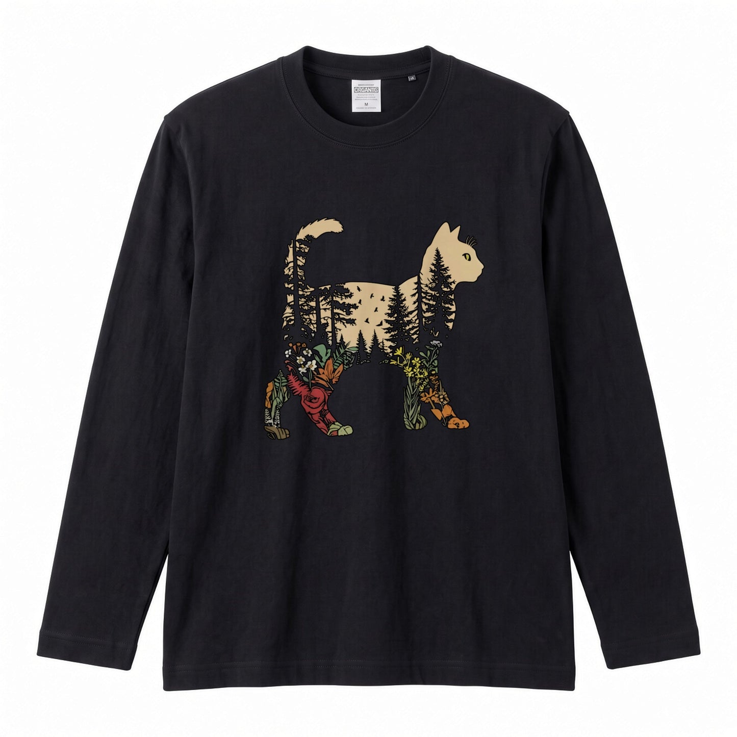 FOREST CAT ロンT | レトロ ボタニカルキャット アートグラフィック 長袖 カジュアル Tシャツ【猫ファッション・普段着・ルームウェア・ユニセックス・ギフトに最適】