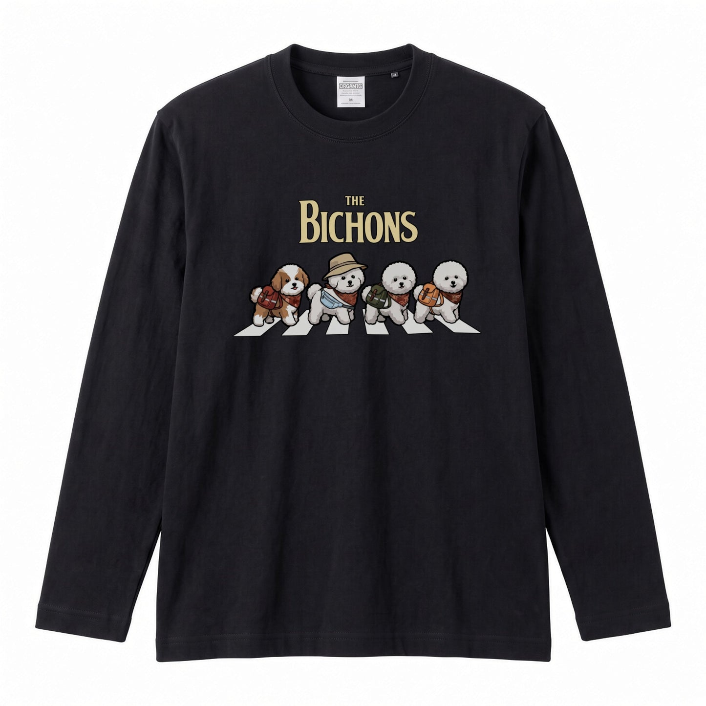 THE BICHONS ビションフリーゼ散歩デザイン ブラック長袖Tシャツ