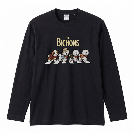 THE BICHONS ビションフリーゼ散歩デザイン ブラック長袖Tシャツ