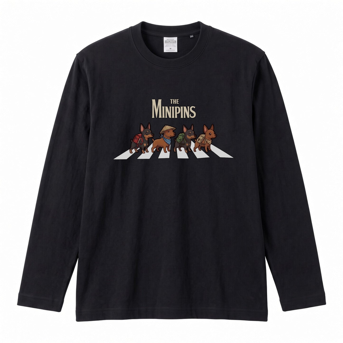 THE MINIPINS ミニチュアピンシャー散歩デザイン ブラック長袖Tシャツ