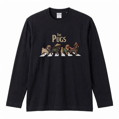 THE PUGS パグ散歩デザイン ブラック長袖Tシャツ