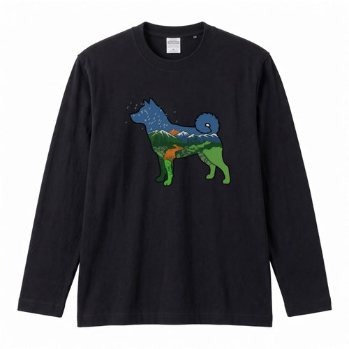 Nature Dog Japanese Breed Mountain Silhouette Long Sleeve T-Shirt