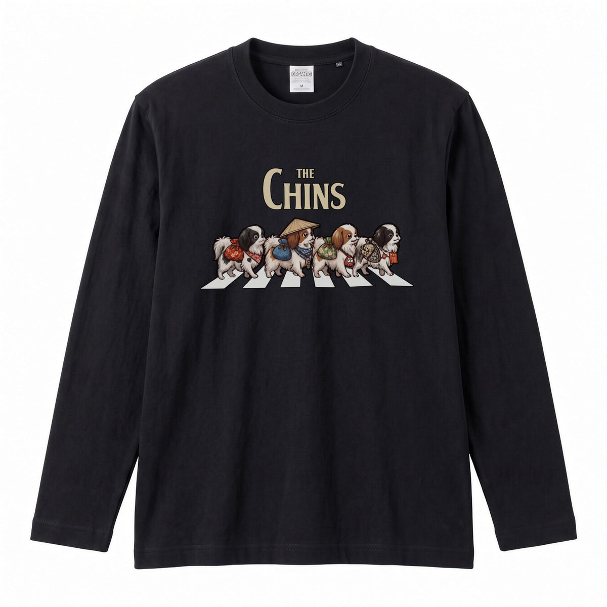 THE CHINS 狆（ちん）散歩デザイン ブラック長袖Tシャツ
