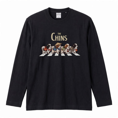 THE CHINS 狆（ちん）散歩デザイン ブラック長袖Tシャツ