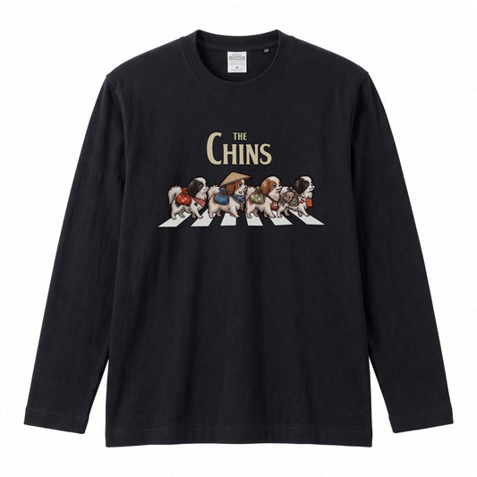 THE CHINS 狆（ちん）散歩デザイン ブラック長袖Tシャツ