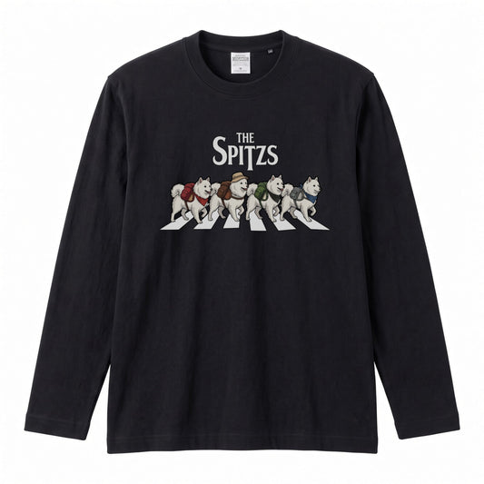 THE SPITZS 日本スピッツ散歩デザイン ブラック長袖Tシャツ