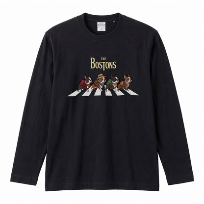 THE BOSTONS ボストンテリア散歩デザイン ブラック長袖Tシャツ