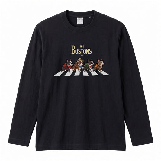 THE BOSTONS ボストンテリア散歩デザイン ブラック長袖Tシャツ
