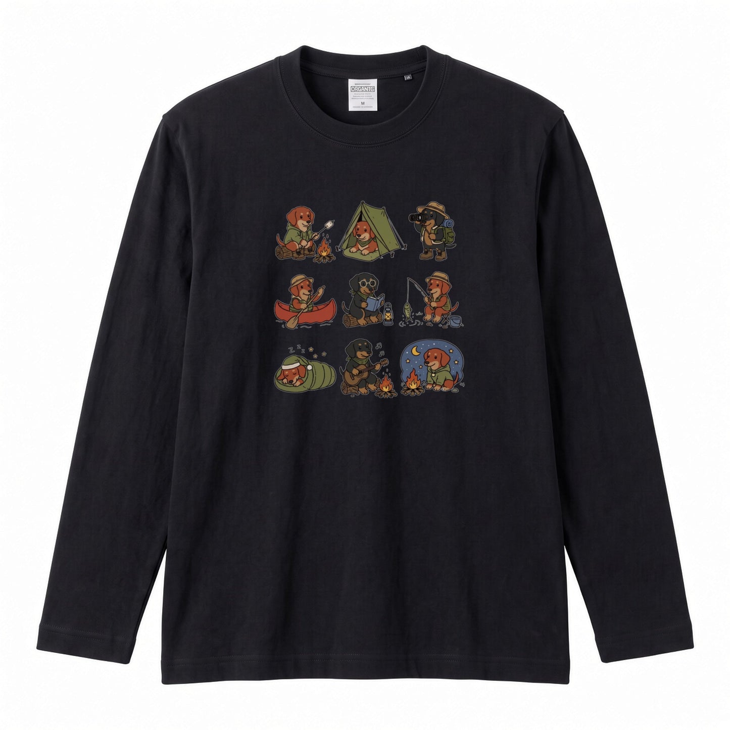 DACHSHUND CAMP | 手描き風 ミニチュアダックス キャンプギア かわいい グラフィック 長袖Tシャツ【犬雑貨・秋キャンプ・ルームウェア・ギフトに最適】