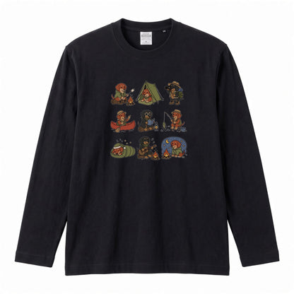 DACHSHUND CAMP | 手描き風 ミニチュアダックス キャンプギア かわいい グラフィック 長袖Tシャツ【犬雑貨・秋キャンプ・ルームウェア・ギフトに最適】