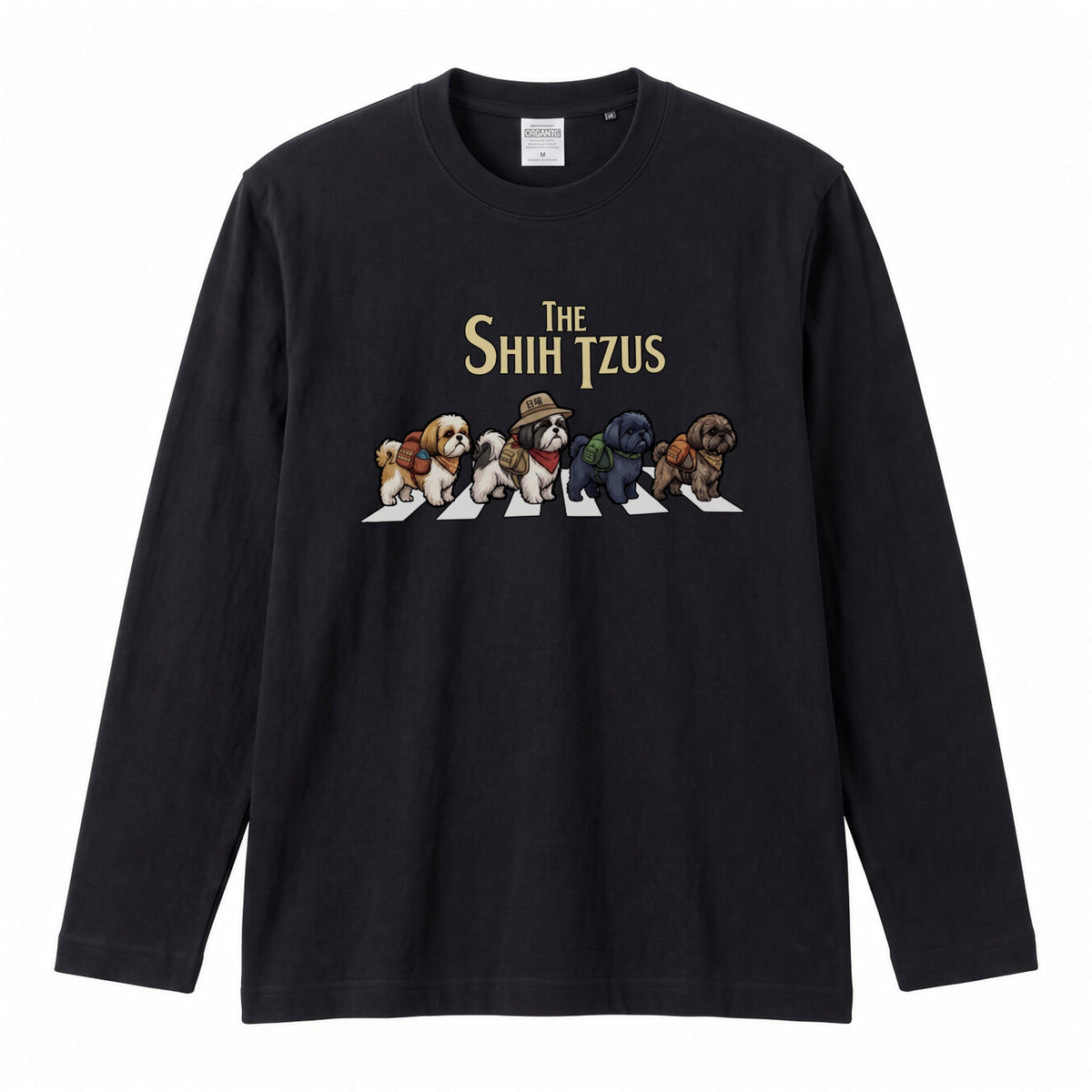 THE SHIH TZUS シーズー散歩デザイン ブラック長袖Tシャツ