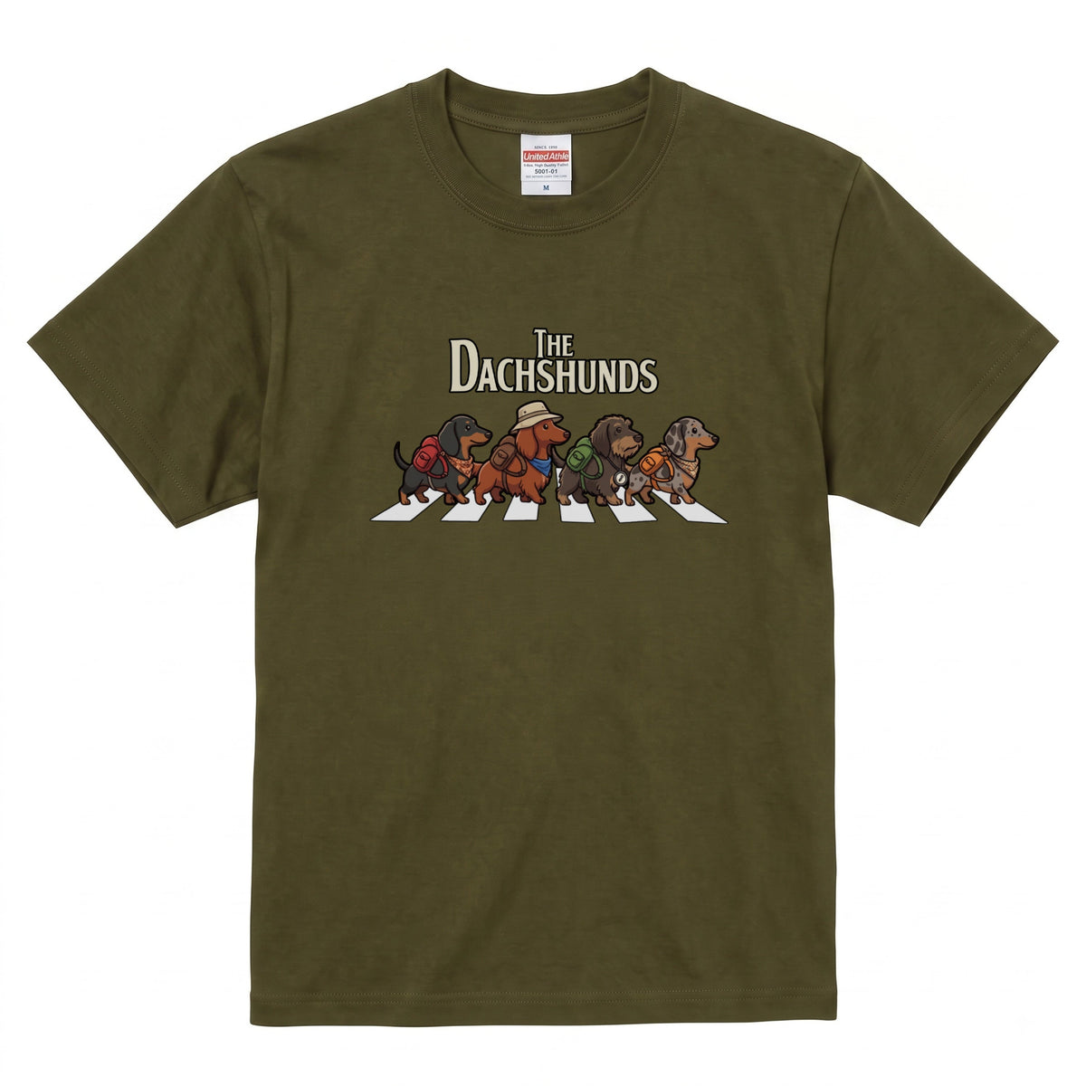 THE DACHSHUNDS | 横断歩道 ゆるかわ ダックスフンド キャンプ パロディTシャツ【犬好き・愛犬家・アウトドア・ギフトに最適】