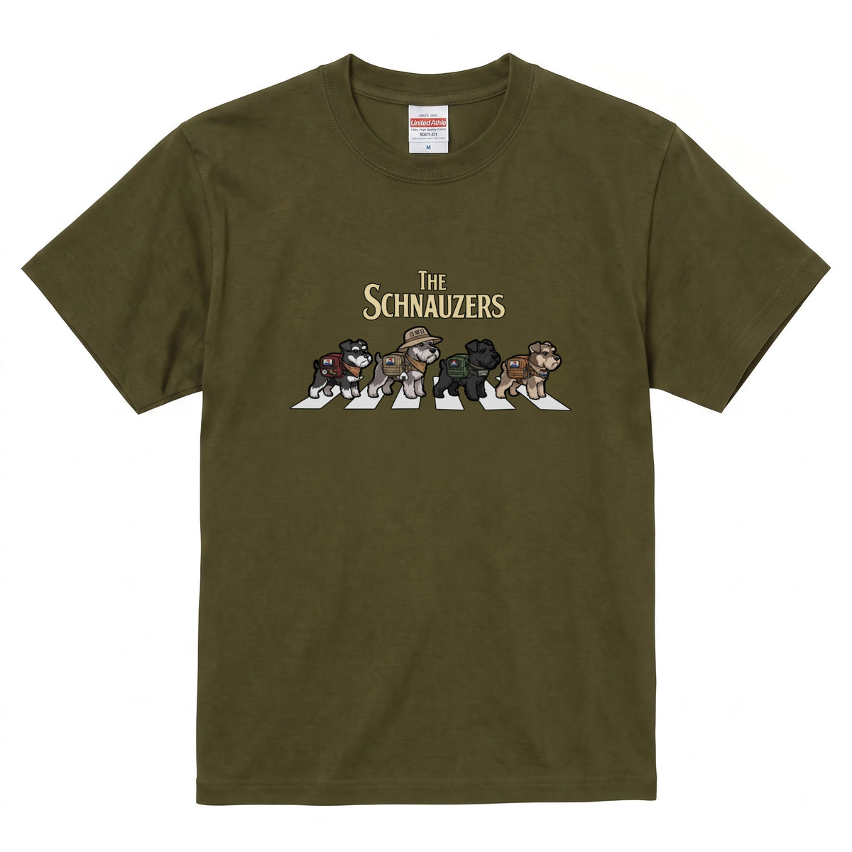 THE SCHNAUZERS 横断歩道 キャンプ ゆるかわ パロディTシャツ 【犬好き・愛犬家・アウトドア・ギフトに最適】