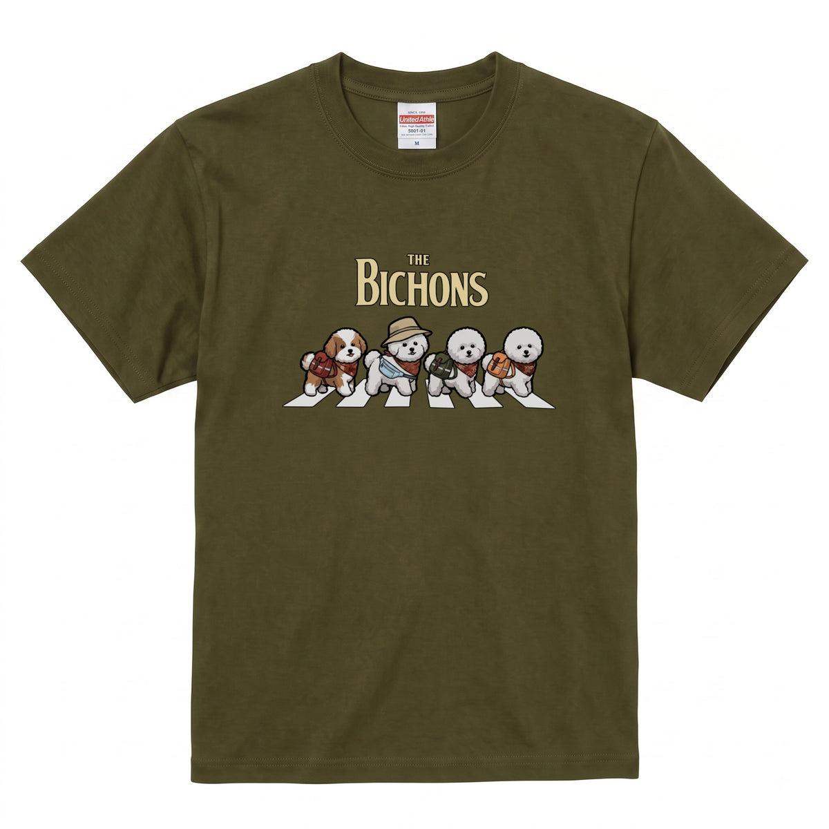 THE BICHONS 横断歩道 キャンプ ゆるかわ パロディTシャツ 【犬好き・愛犬家・アウトドア・ギフトに最適】