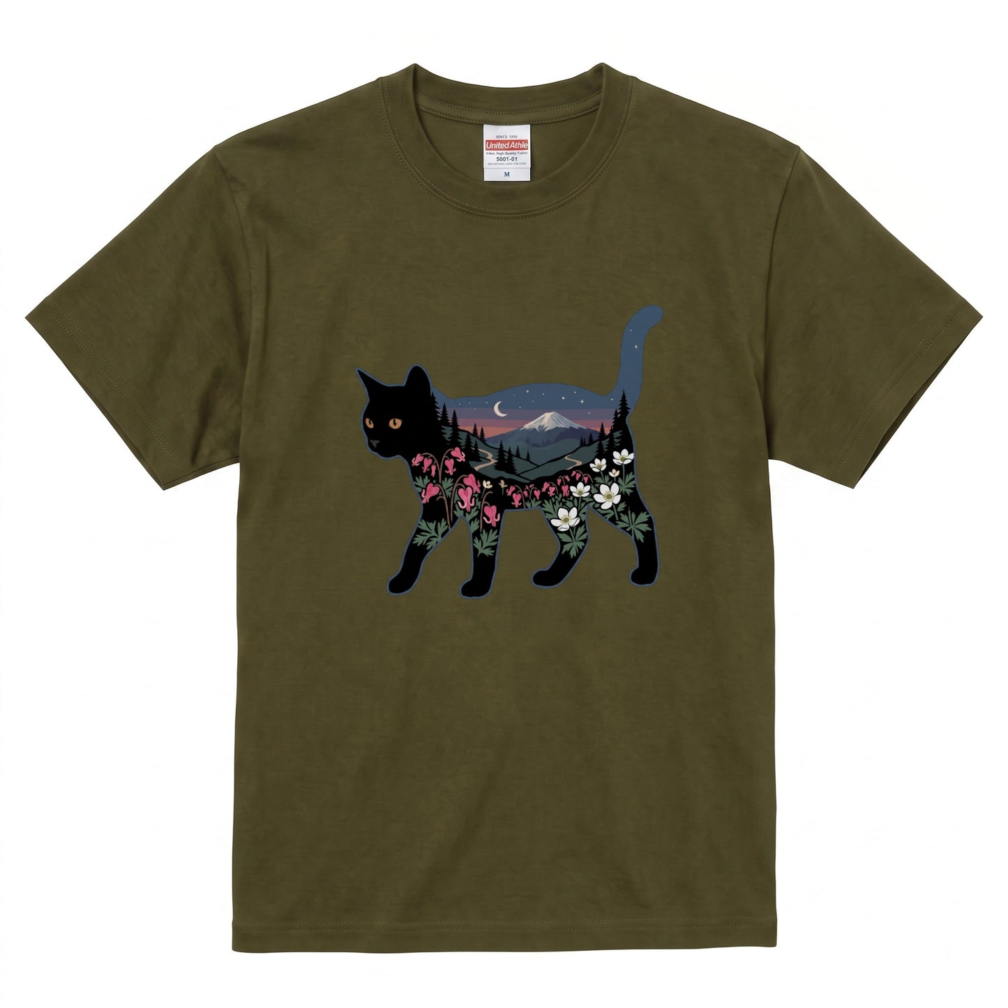 富士山と花咲く夜空 黒猫Tシャツ