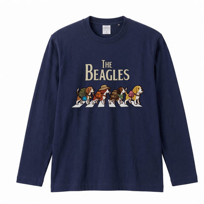 THE BEAGLES ビーグル犬散歩デザイン ホワイト長袖Tシャツ
