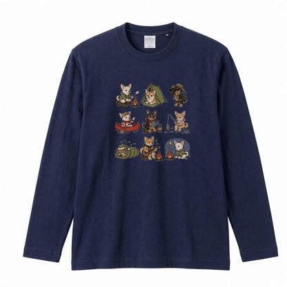 CHIHUAHUA CAMP | 手描き風 チワワ キャンプギア かわいい グラフィック 長袖Tシャツ【犬雑貨・秋キャンプ・ルームウェア・ギフトに最適】