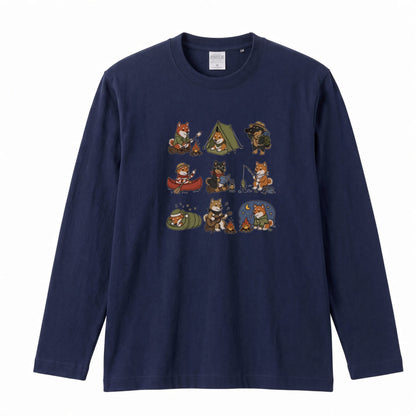 SHIBA CAMP | 手描き風 柴犬 キャンプギア かわいい グラフィック 長袖Tシャツ【和犬雑貨・秋キャンプ・アウトドア・ギフトに最適】