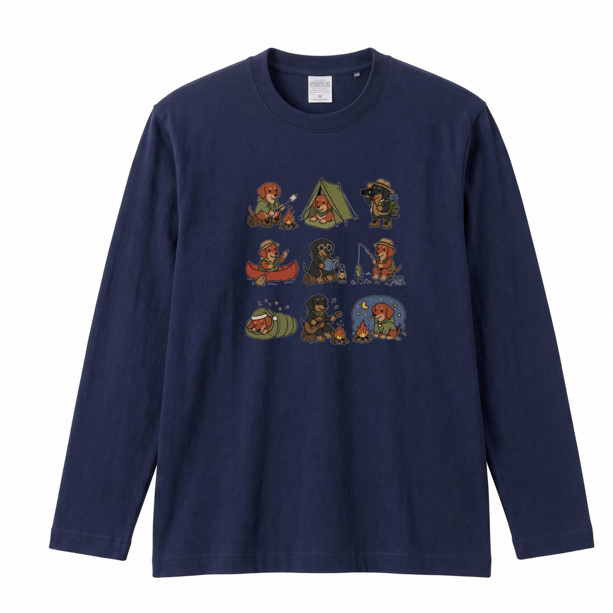 DACHSHUND CAMP | 手描き風 ミニチュアダックス キャンプギア かわいい グラフィック 長袖Tシャツ【犬雑貨・秋キャンプ・ルームウェア・ギフトに最適】