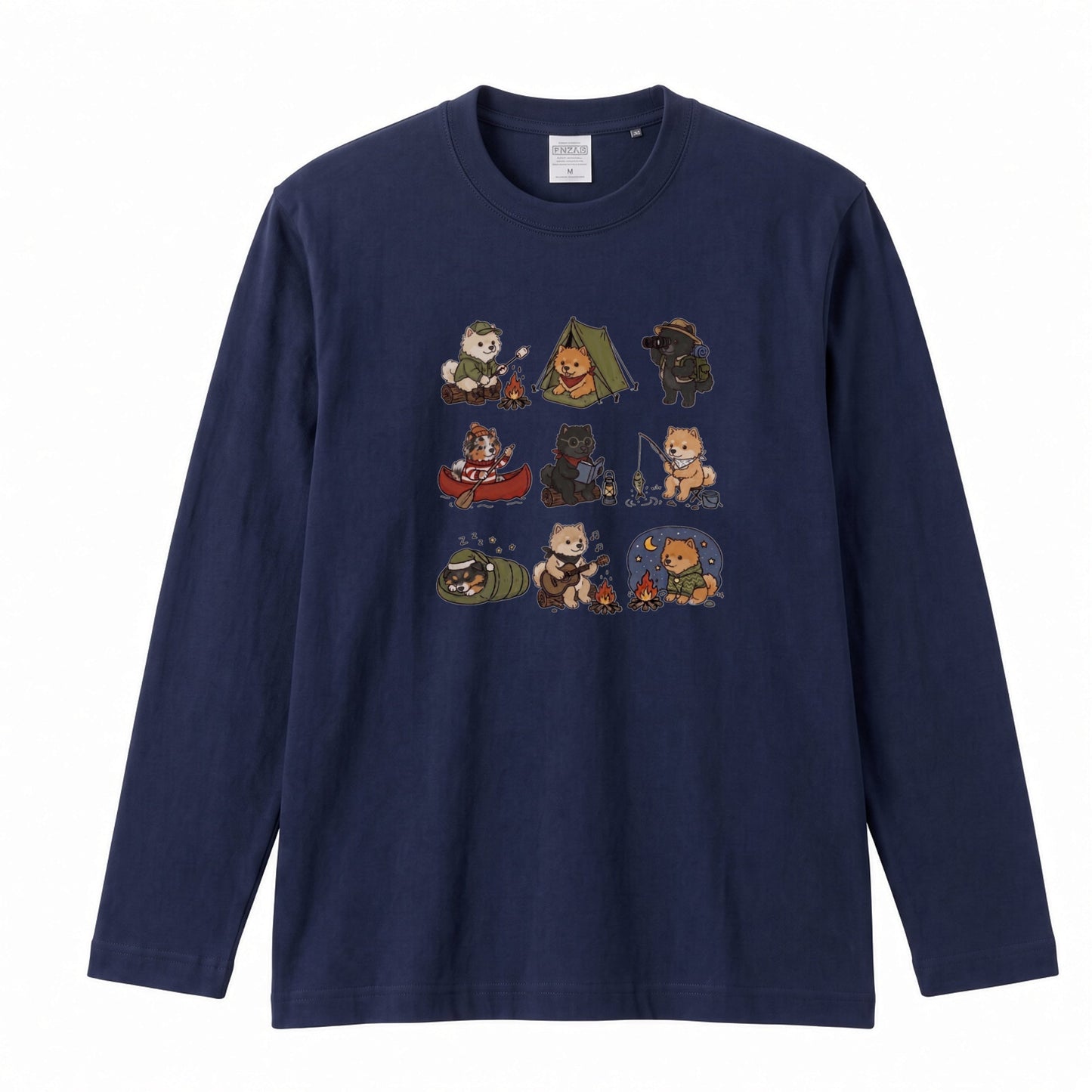 POMERANIAN CAMP | 手描き風 ポメラニアン キャンプギア かわいい グラフィック 長袖Tシャツ【犬雑貨・秋キャンプ・ルームウェア・ギフトに最適】