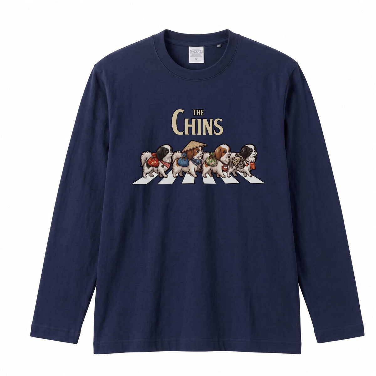 THE CHINS 狆（ちん）散歩デザイン ブラック長袖Tシャツ