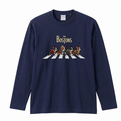 THE BOSTONS ボストンテリア散歩デザイン ブラック長袖Tシャツ
