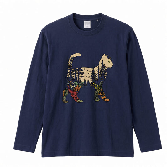 FOREST CAT ロンT | レトロ ボタニカルキャット アートグラフィック 長袖 カジュアル Tシャツ【猫ファッション・普段着・ルームウェア・ユニセックス・ギフトに最適】