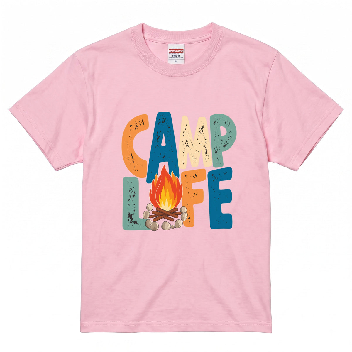 レトロ 「CAMP LIFE」 キャンプ Tシャツ - ヴィンテージ風 70年代 焚き火 グラフィックTシャツ アウトドア 服