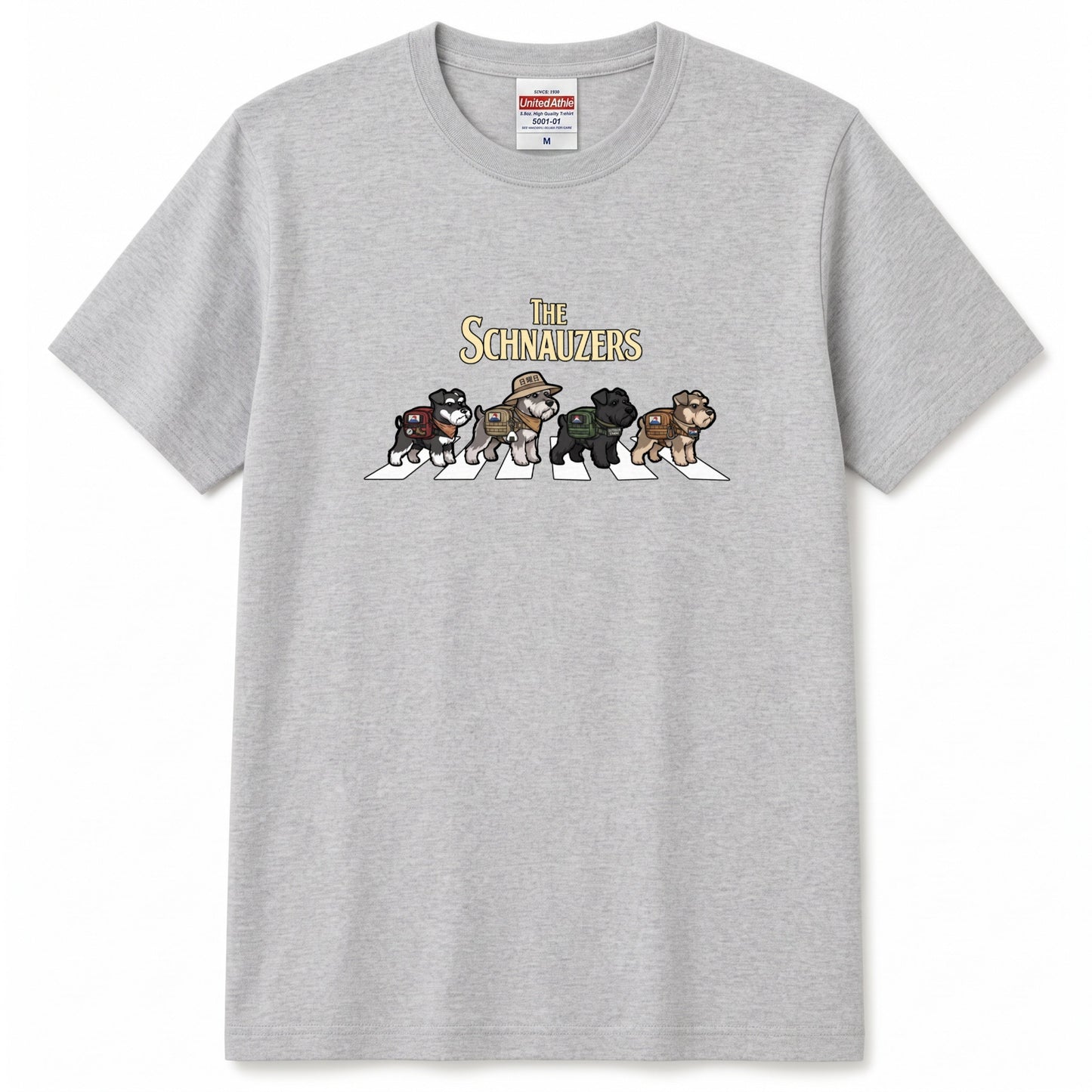 THE SCHNAUZERS 横断歩道 キャンプ ゆるかわ パロディTシャツ 【犬好き・愛犬家・アウトドア・ギフトに最適】