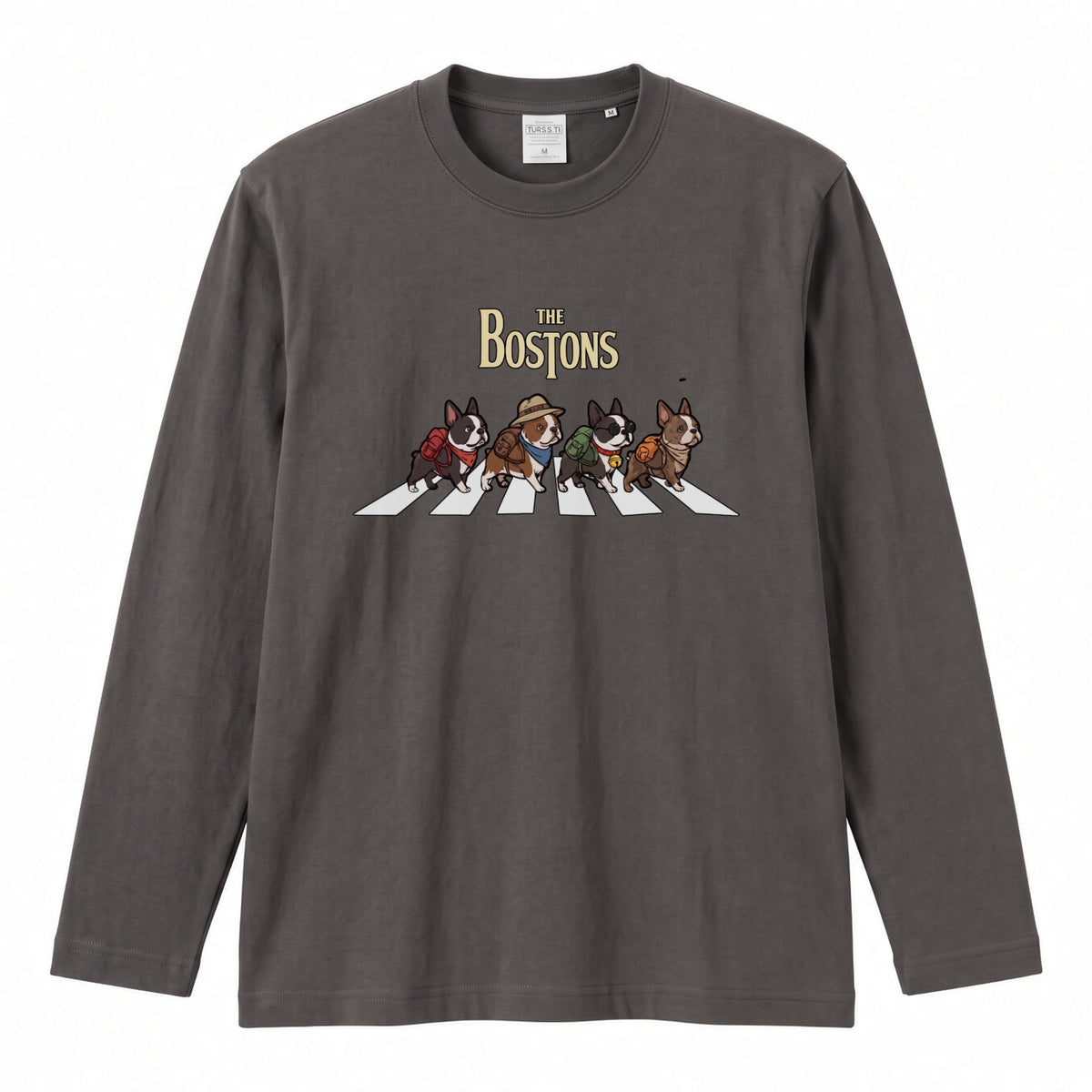 THE BOSTONS ボストンテリア散歩デザイン ブラック長袖Tシャツ