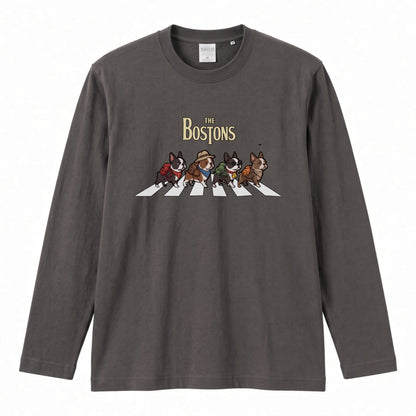 THE BOSTONS ボストンテリア散歩デザイン ブラック長袖Tシャツ