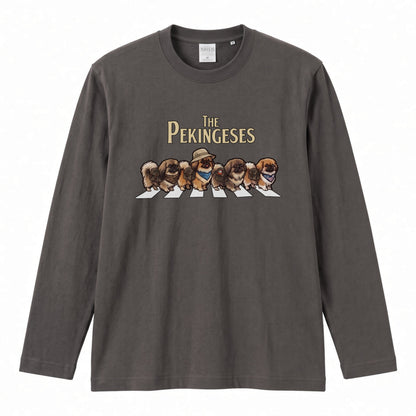 THE PEKINGESES ペキニーズ散歩デザイン ブラック長袖Tシャツ