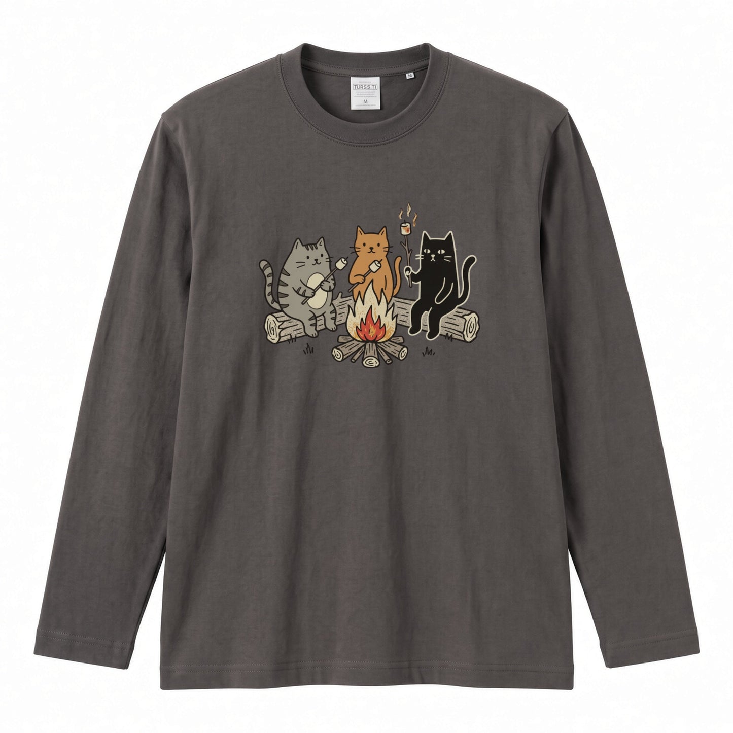猫たちの焚き火マシュマロ 長袖Tシャツ