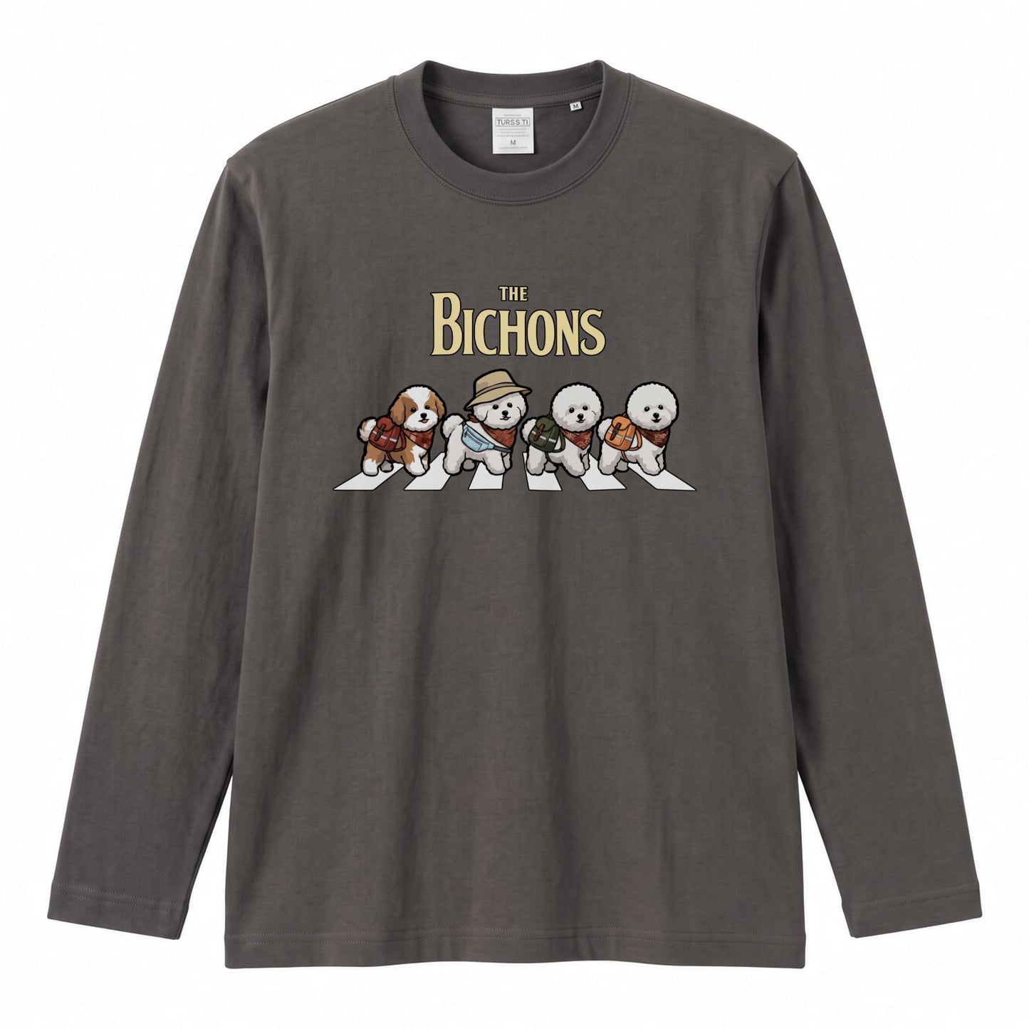 THE BICHONS ビションフリーゼ散歩デザイン ブラック長袖Tシャツ