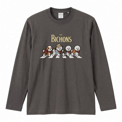 THE BICHONS ビションフリーゼ散歩デザイン ブラック長袖Tシャツ