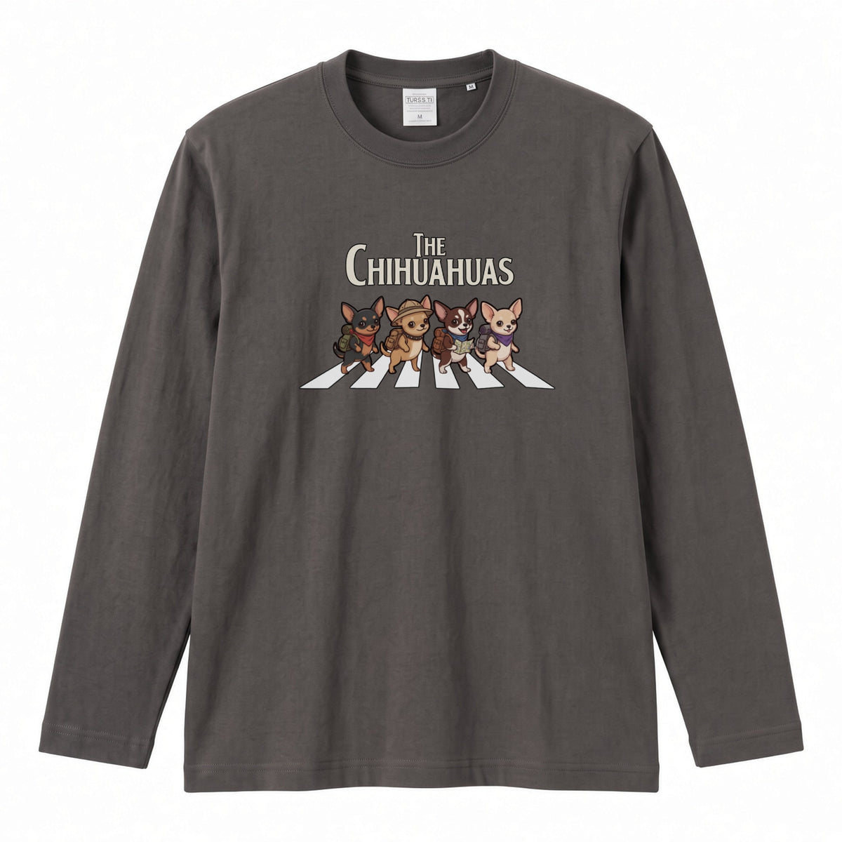 THE CHIHUAHUAS | チワワ 横断歩道 バンド風 ロンT 長袖Tシャツ 犬好き ロック【チワワグッズ・愛犬家・散歩・おもしろ・かわいい・誕生日ギフトに最適】