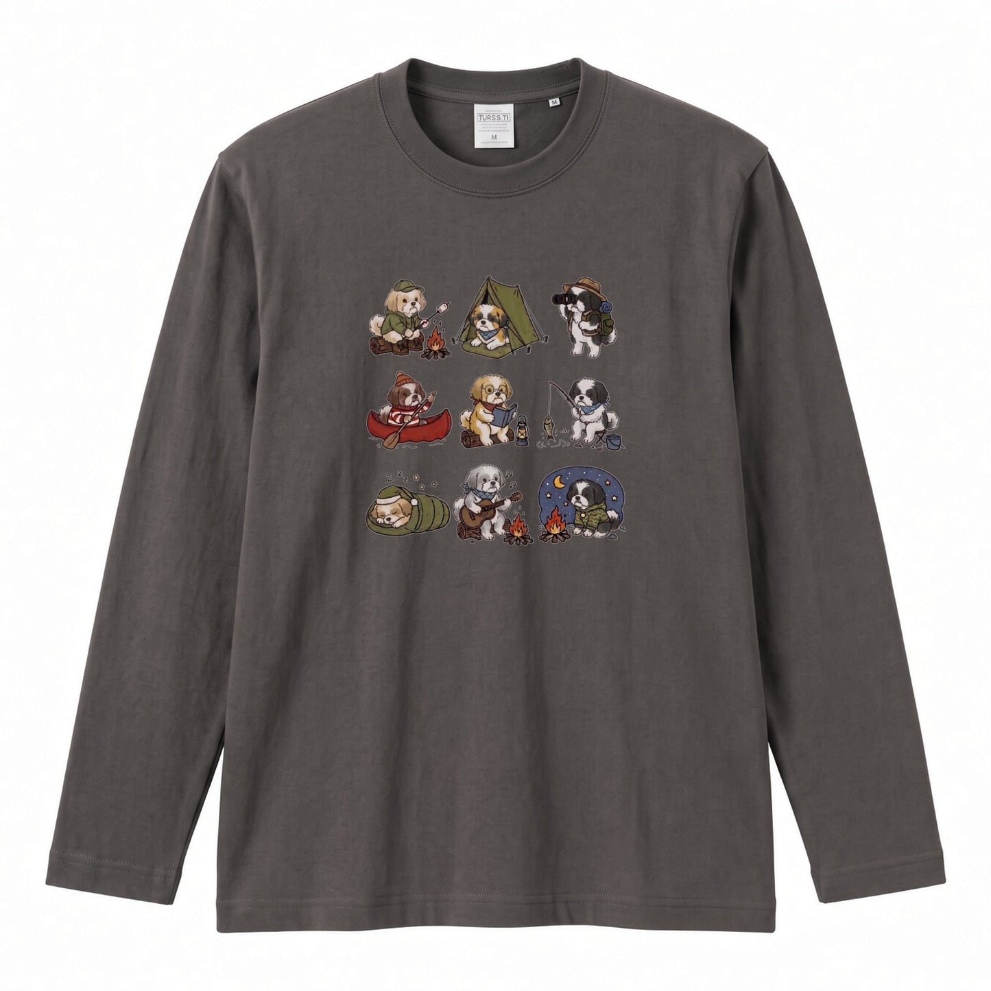 SHIH TZU CAMP | 手描き風 シーズー キャンプギア かわいい グラフィック 長袖Tシャツ【犬雑貨・秋キャンプ・ルームウェア・ギフトに最適】